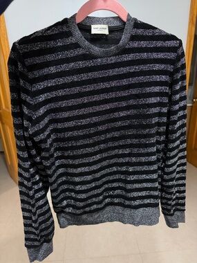 Saint Laurent Black Sweater with Silver Metallic Stripes